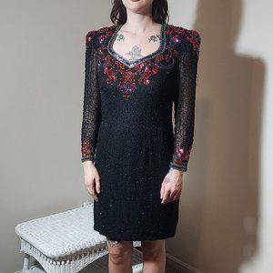 Unbelievable Vintage 80s Morgan Taylor Evening Ware Sequins and Beaded Silk Mini